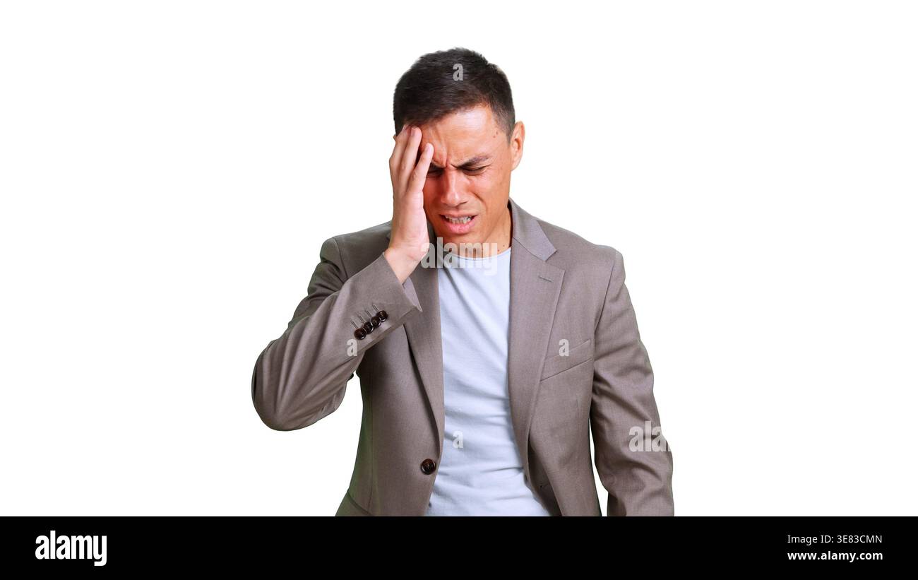 Man suffering from intense headache on transparent background Stock Photo