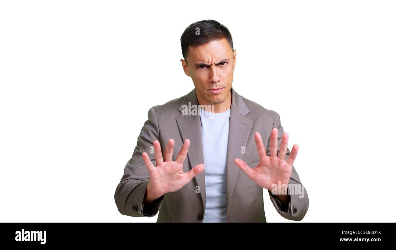 Man making stop gesture refusing something, transparent background ...