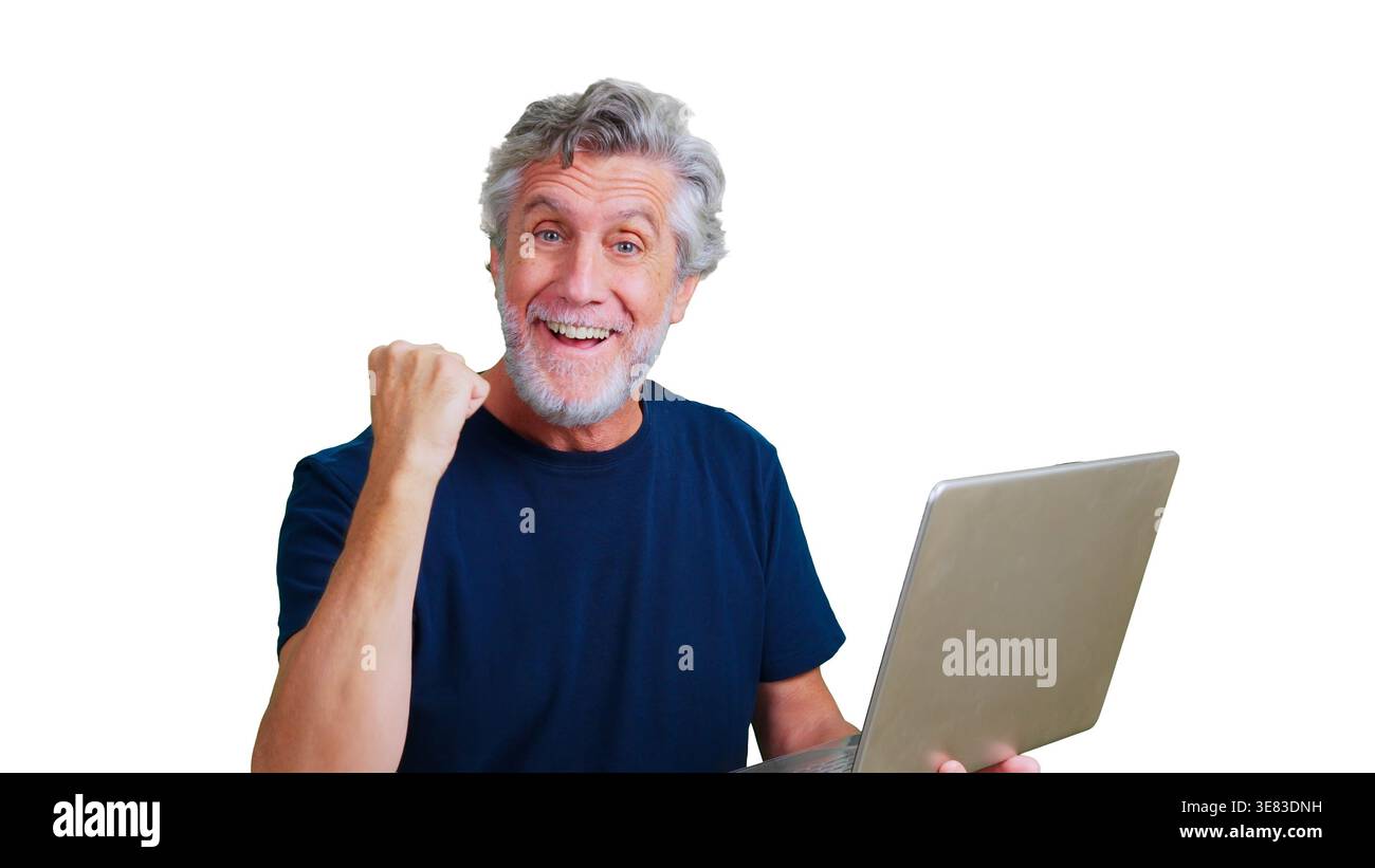 Senior man celebrating success using laptop, transparent background Stock Photo