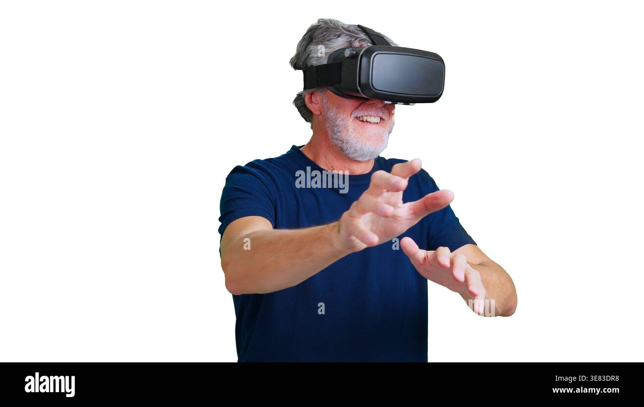 Senior man experiencing virtual reality with transparent background Stock Photo