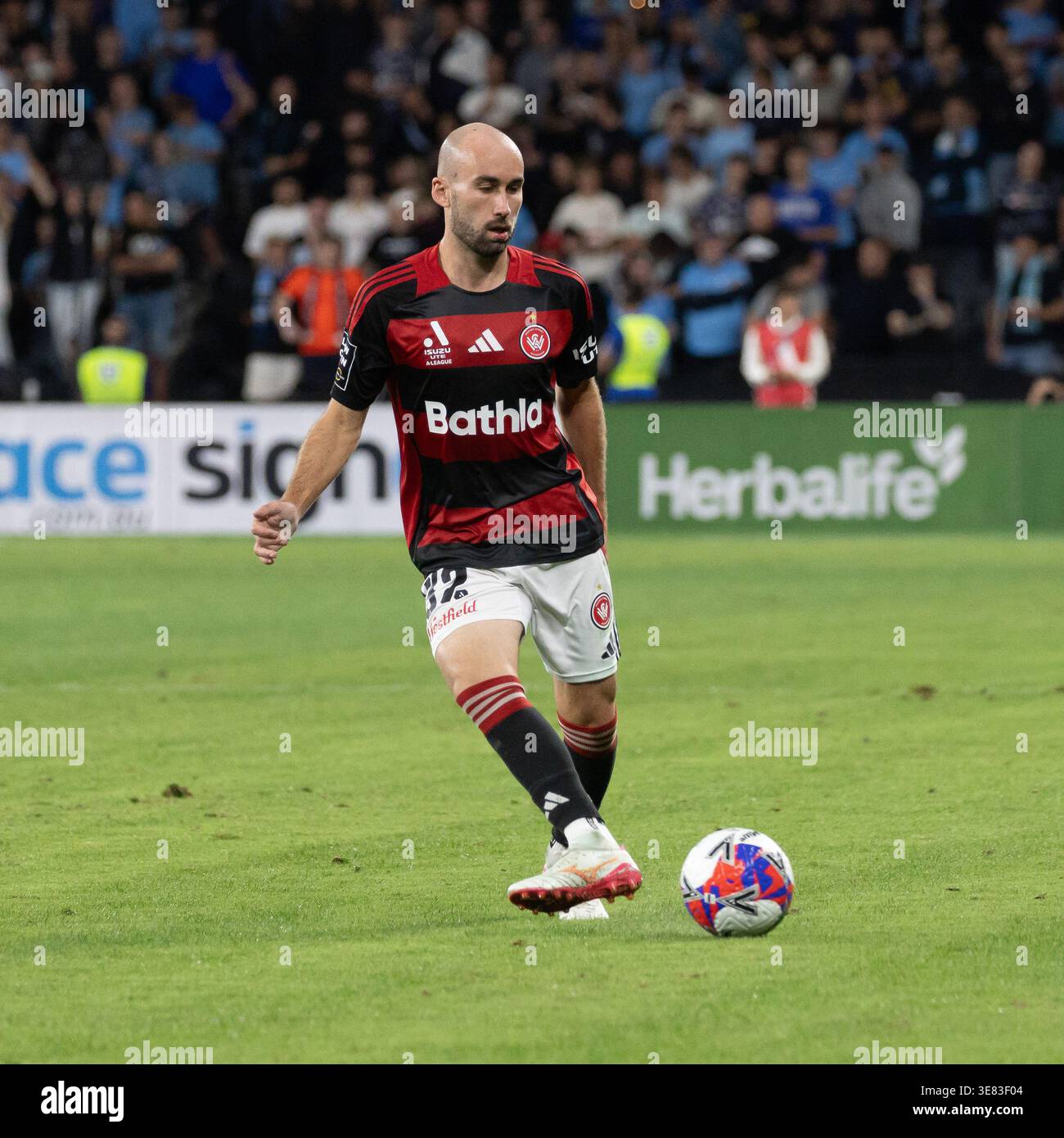Sydney, Australia. 11 Apr 2026. Angus Thurgate (32) on the ball during the Sydney Derby between Western Sydney Wanderers and Sydney FC at CommBank. Stock Photo