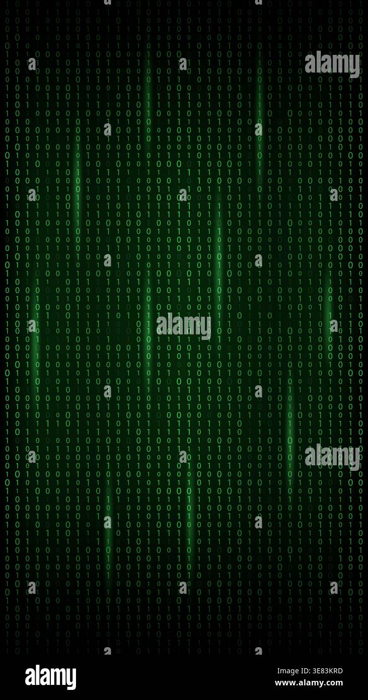 Futuristic cyber concept Green binary data stream falling on a black background, vertical orientation Stock Vector