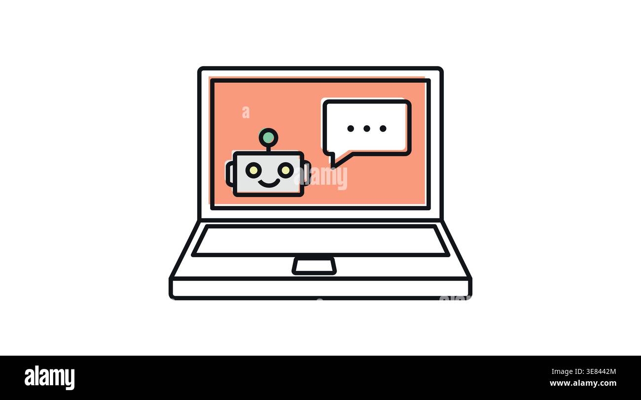 Laptop AI chatbot icon: portable computer with friendly robot Stock Vector