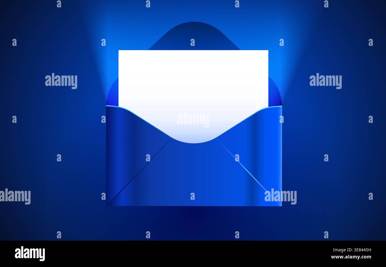 Vibrant blue envelope with a blank white card. Ideal for communication, invitation, or contact designs. Vector illustration. Stock Vector