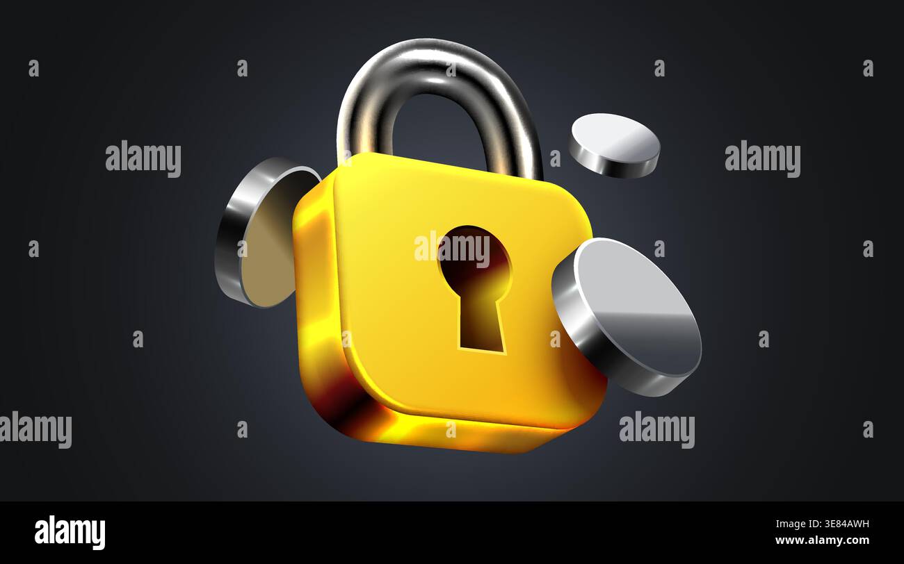 Shiny golden padlock with floating metallic discs, symbolizing security and protection on a dark background. Vector illustration. Stock Vector