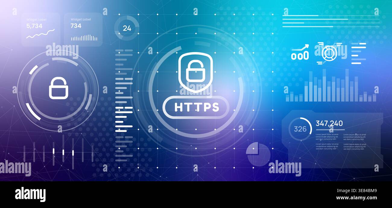 HTTPS secure internet protocol and web protection concept https icon with lock shield on blue digital dashboard with data security statistics for Stock Vector