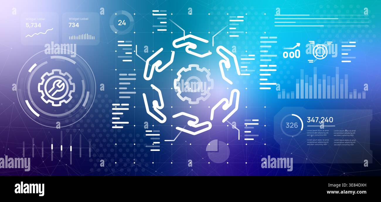 technical support and maintenance dashboard concept with human hands protecting gear and wrench icon representing collaborative engineering solutions Stock Vector