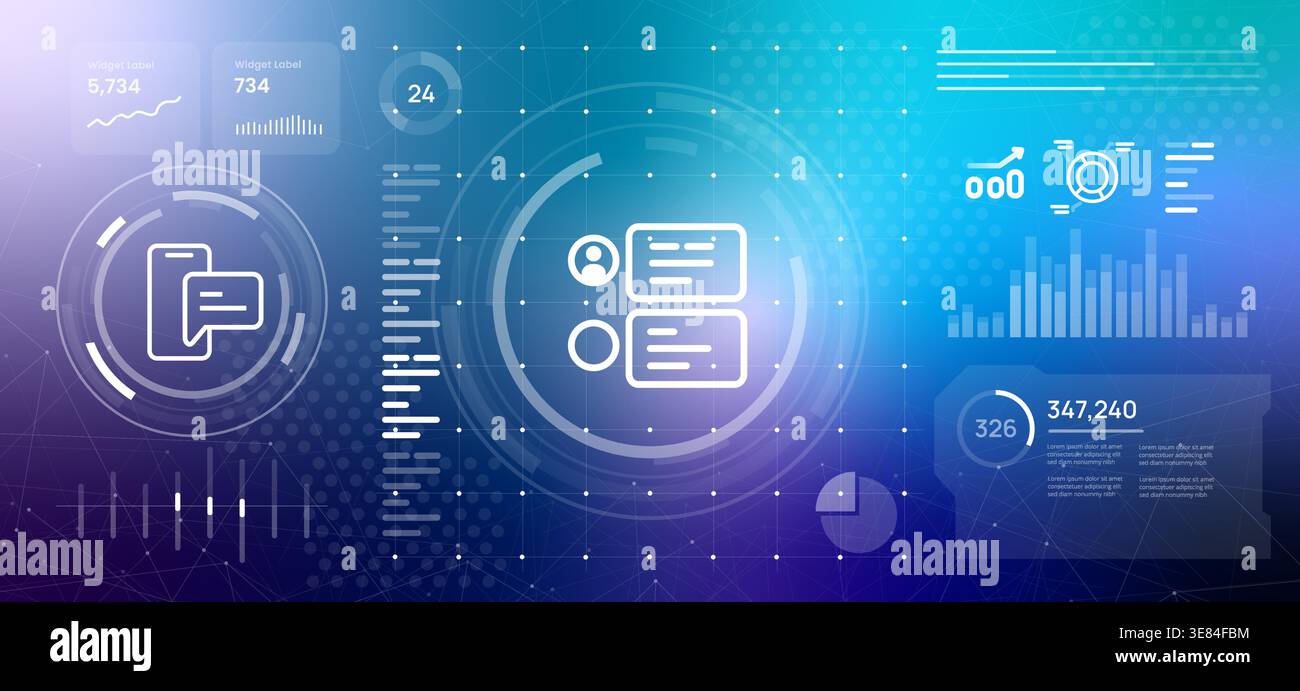 Digital communication interface with chat bubbles data visualization online messaging technology and social media engagement metrics concept of modern Stock Vector