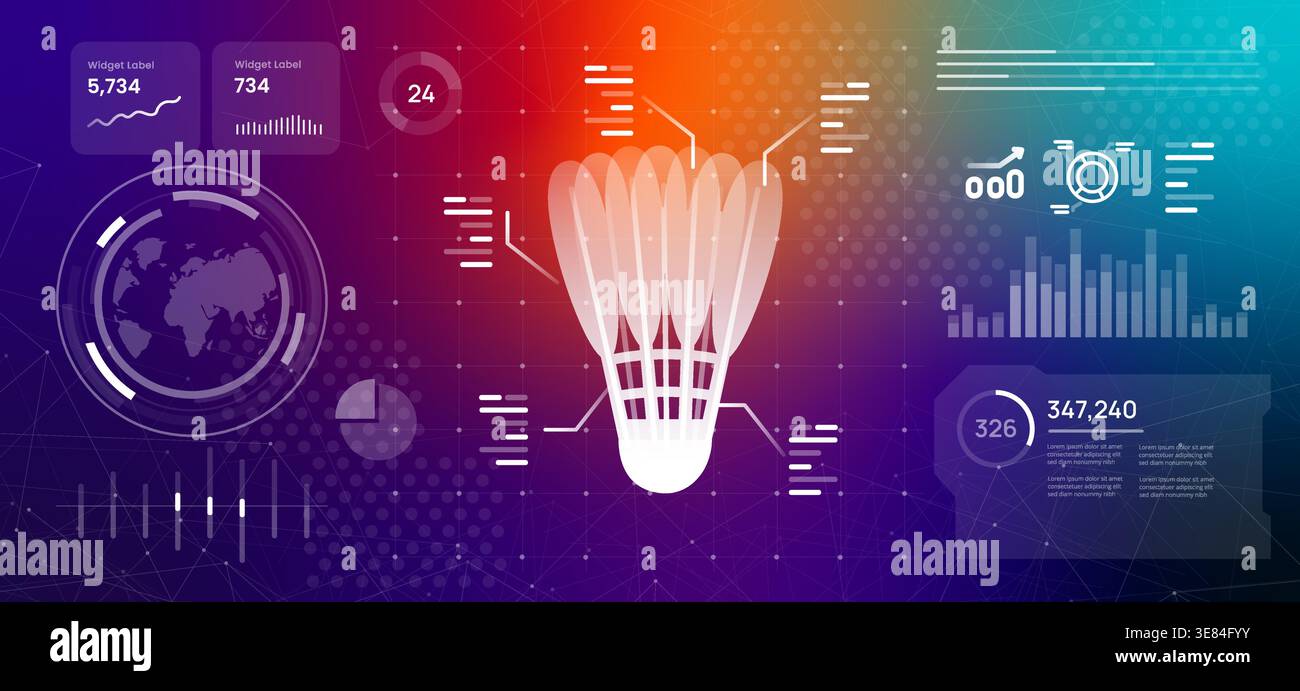 badminton sport shuttlecock icon on professional data analytics dashboard background with statistics metrics for tournament competitive sports modern Stock Vector