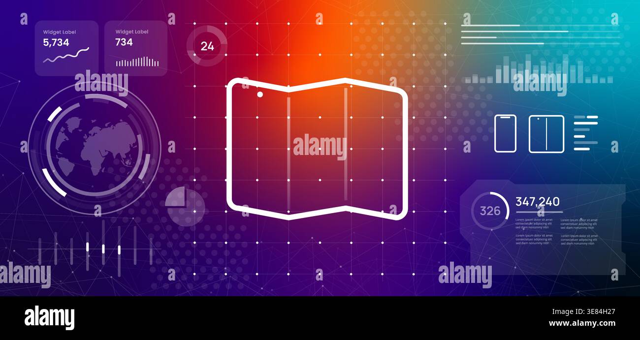 futuristic trifold smartphone and foldable screen technology background with device outline and digital data infographic elements for mobile Stock Vector