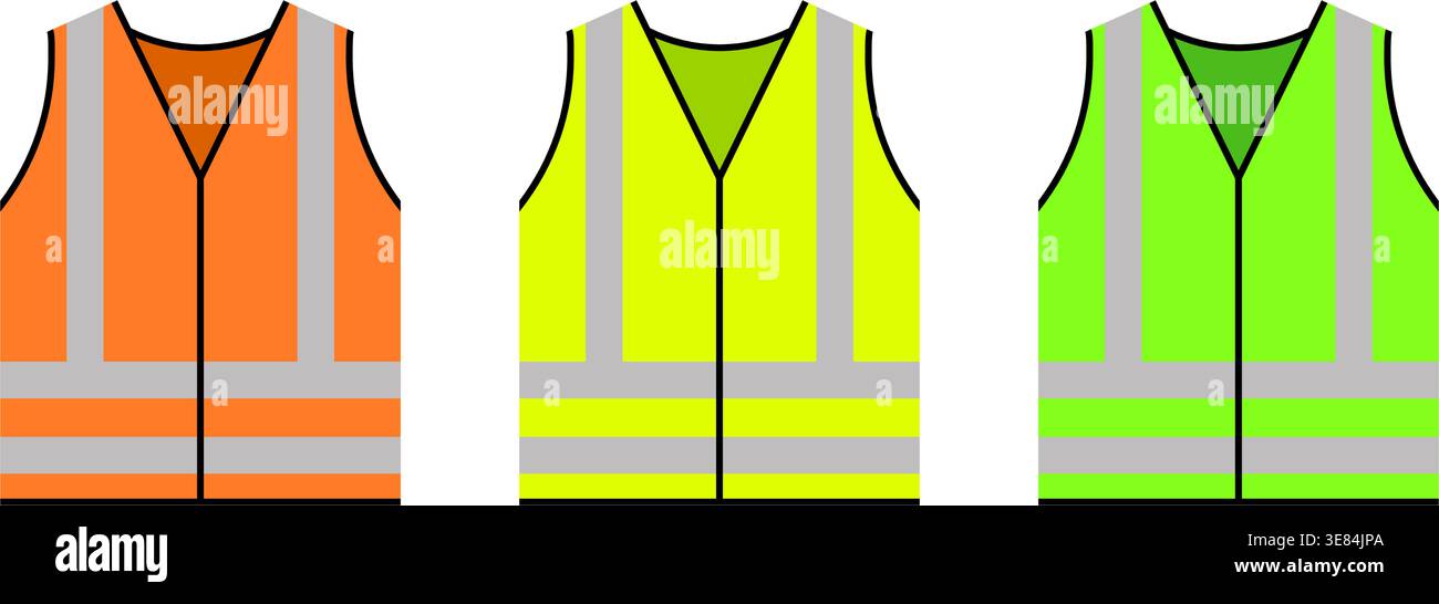 classic work safety vest hi vis viz clothing orange green yellow flouro symbol icon vector set on transparent background Stock Vector