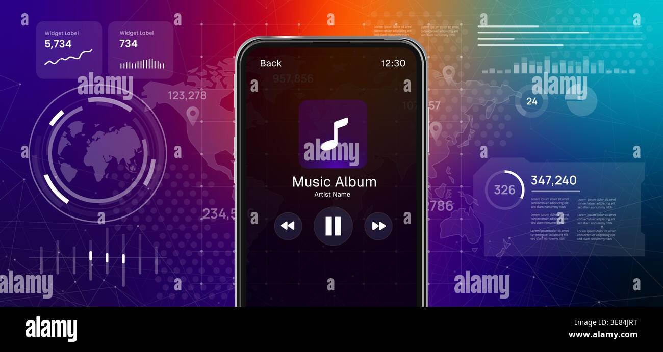 Mobile music player application interface on smartphone screen with digital audio waveform for entertainment and streaming service media playback Stock Vector