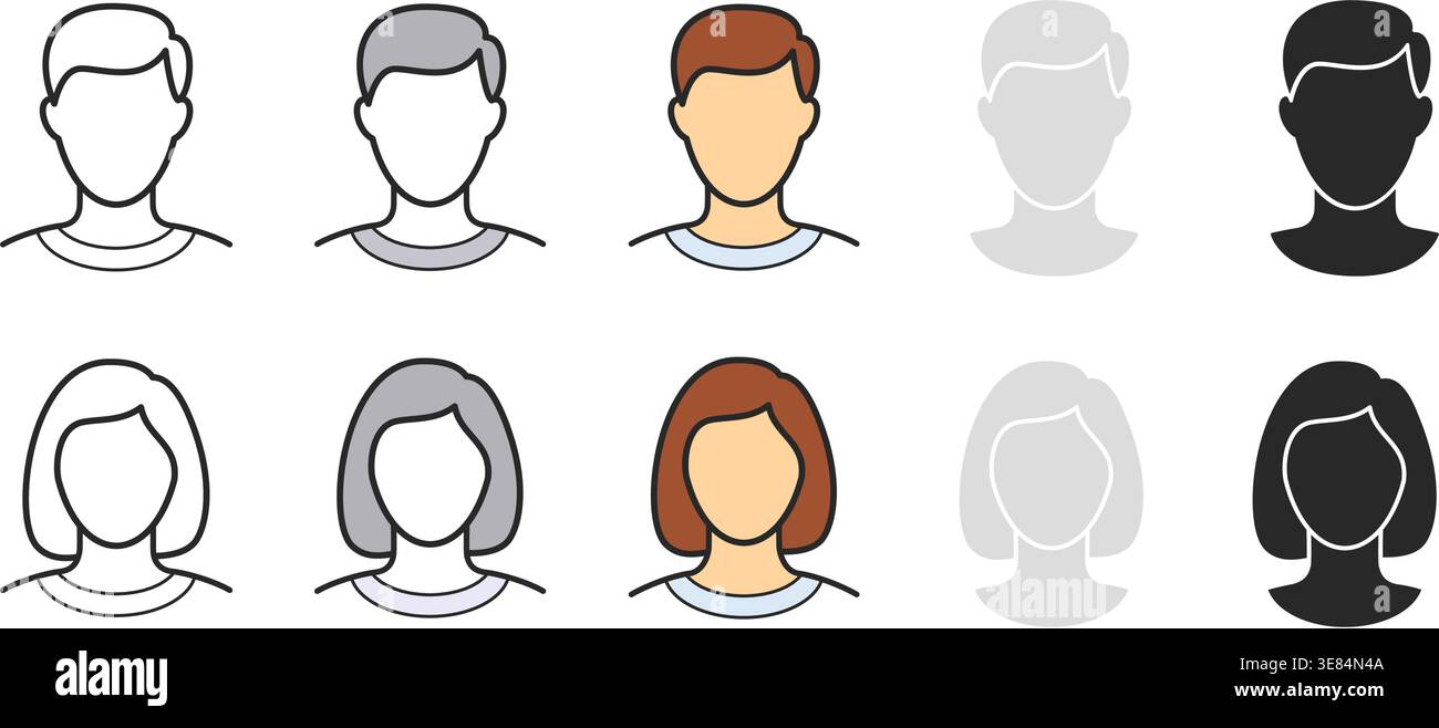 various simple generic anonymous human male female man woman head portrait with blank faces icon symbol set for profiles or avatars vector illustratio Stock Vector