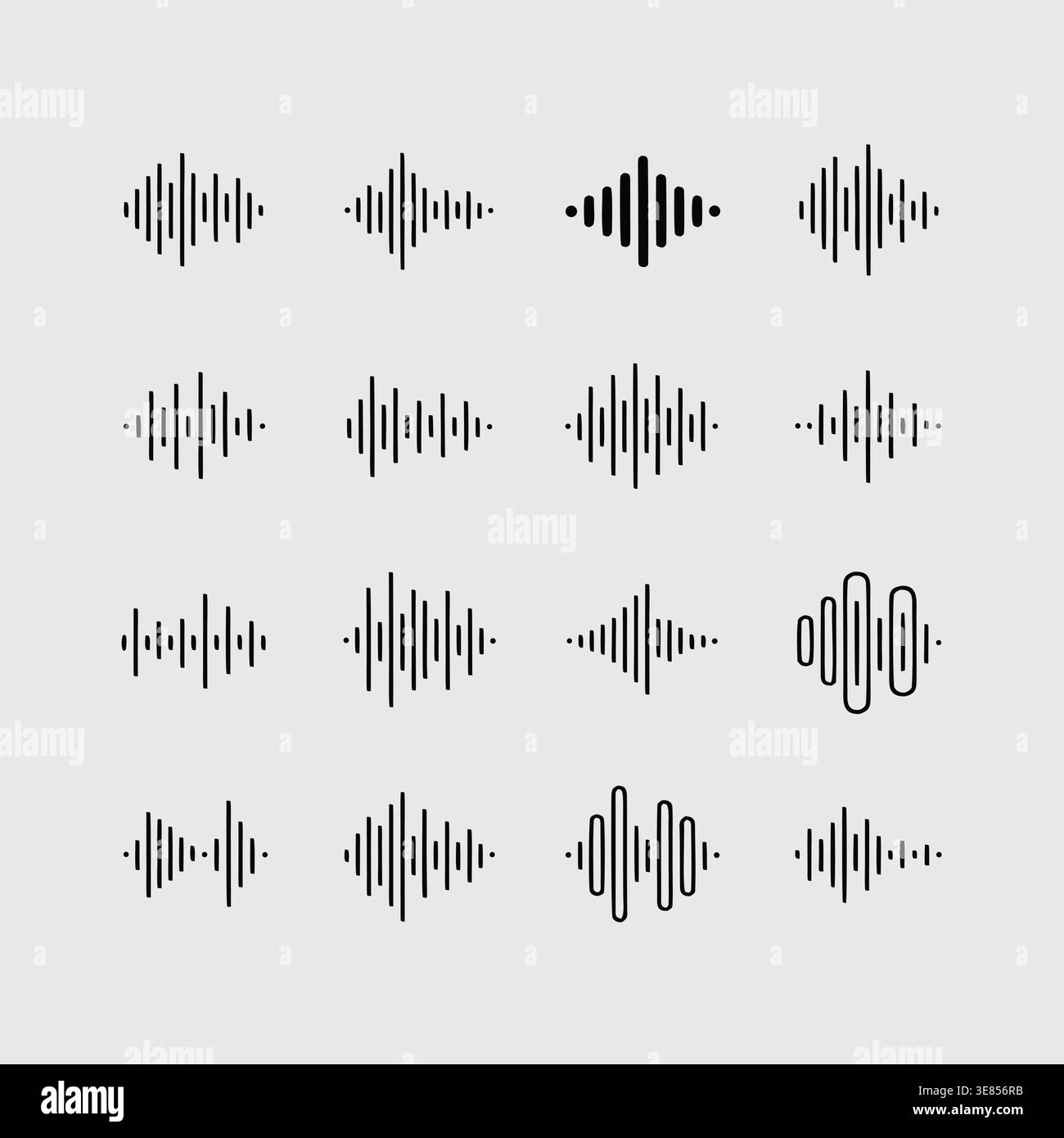 A set of sixteen different audio waveform graphics in black on a light gray background. Representing sound, music or data visualization. Stock Vector