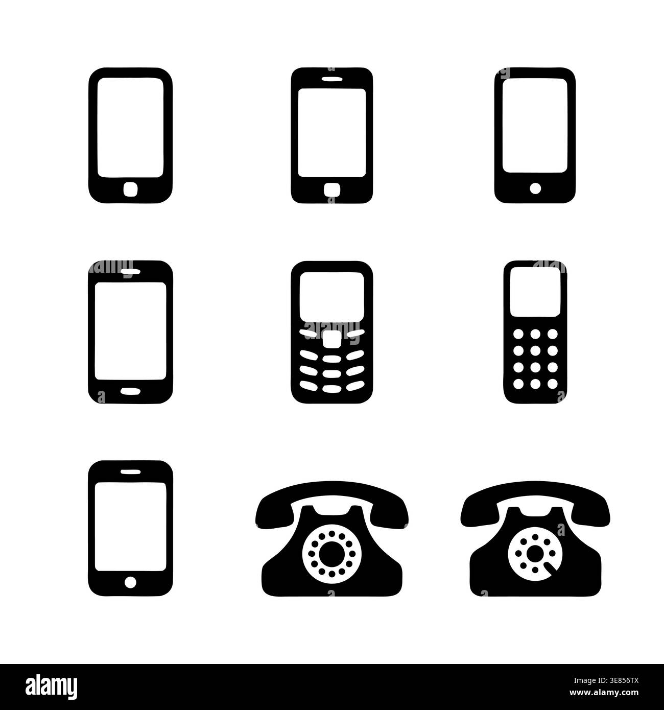 A collection of black and white icons depicting the evolution of phones ...