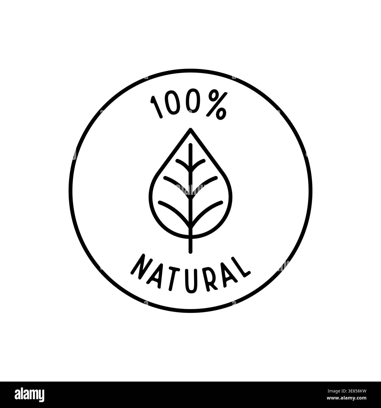 100 Percent Natural Label Icon Featuring Leaf Outline in Clean Circle Stamp Vector Illustration Stock Vector