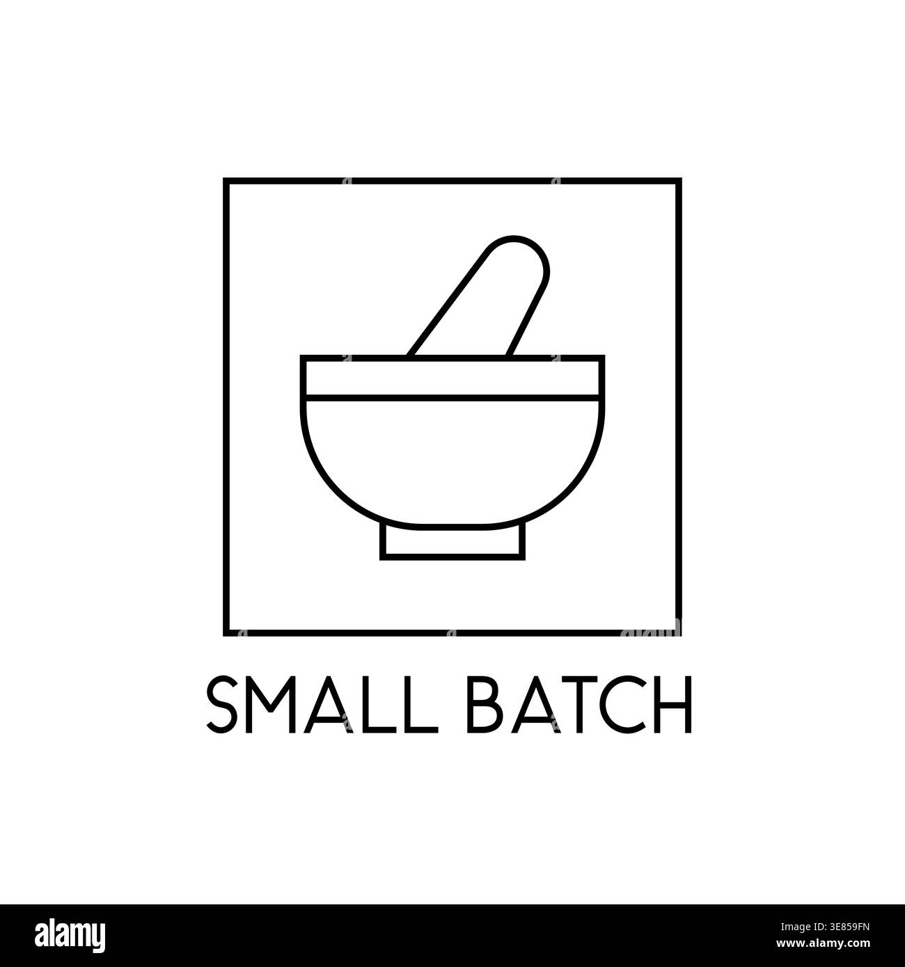 Small batch eco product label with mortar and pestle line art icon ...