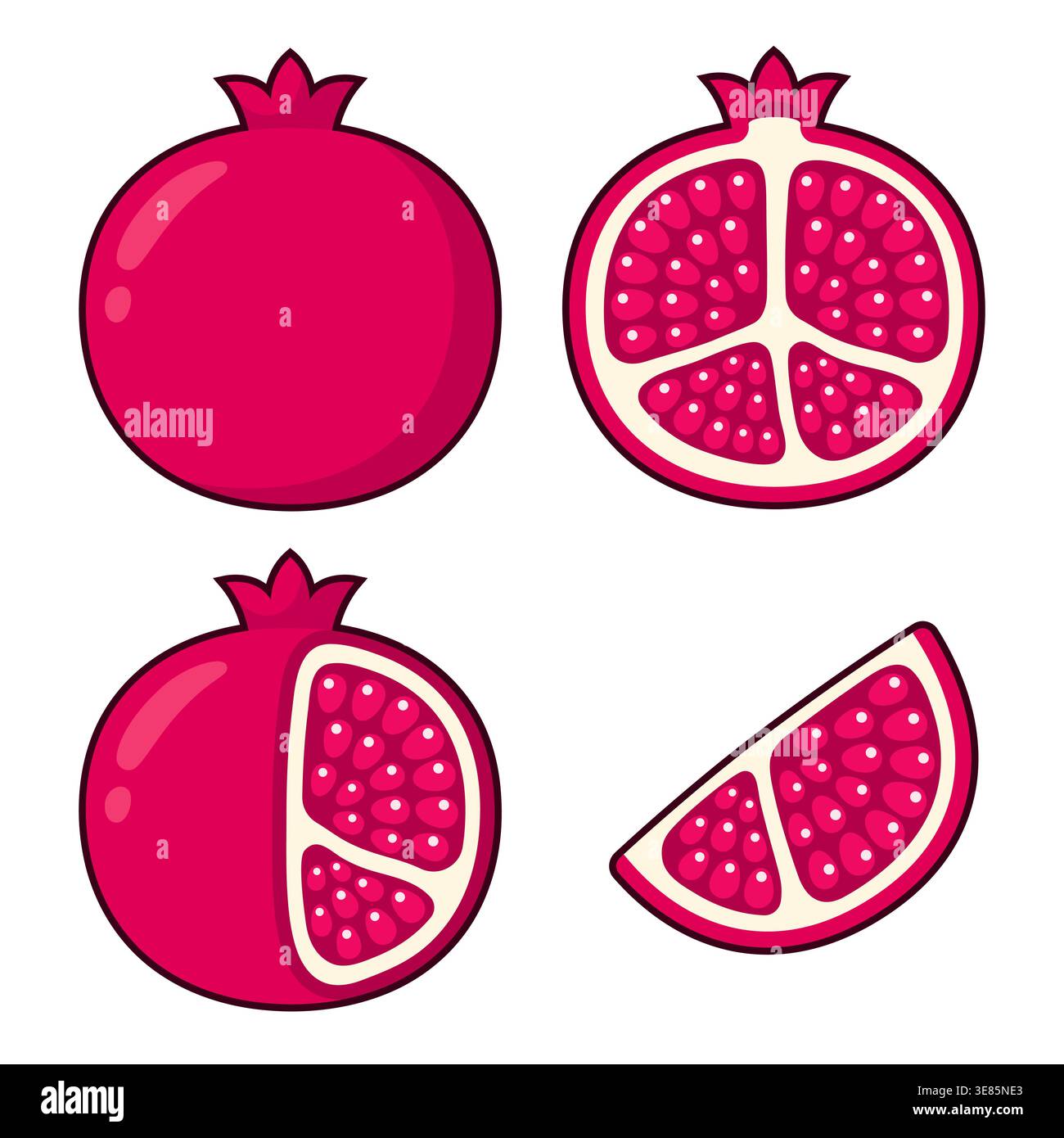 Pomegranate drawing set. Whole pomegranate, cut in half, with skin peeled and a wedge. Cartoon vector clipart illustration. Stock Vector