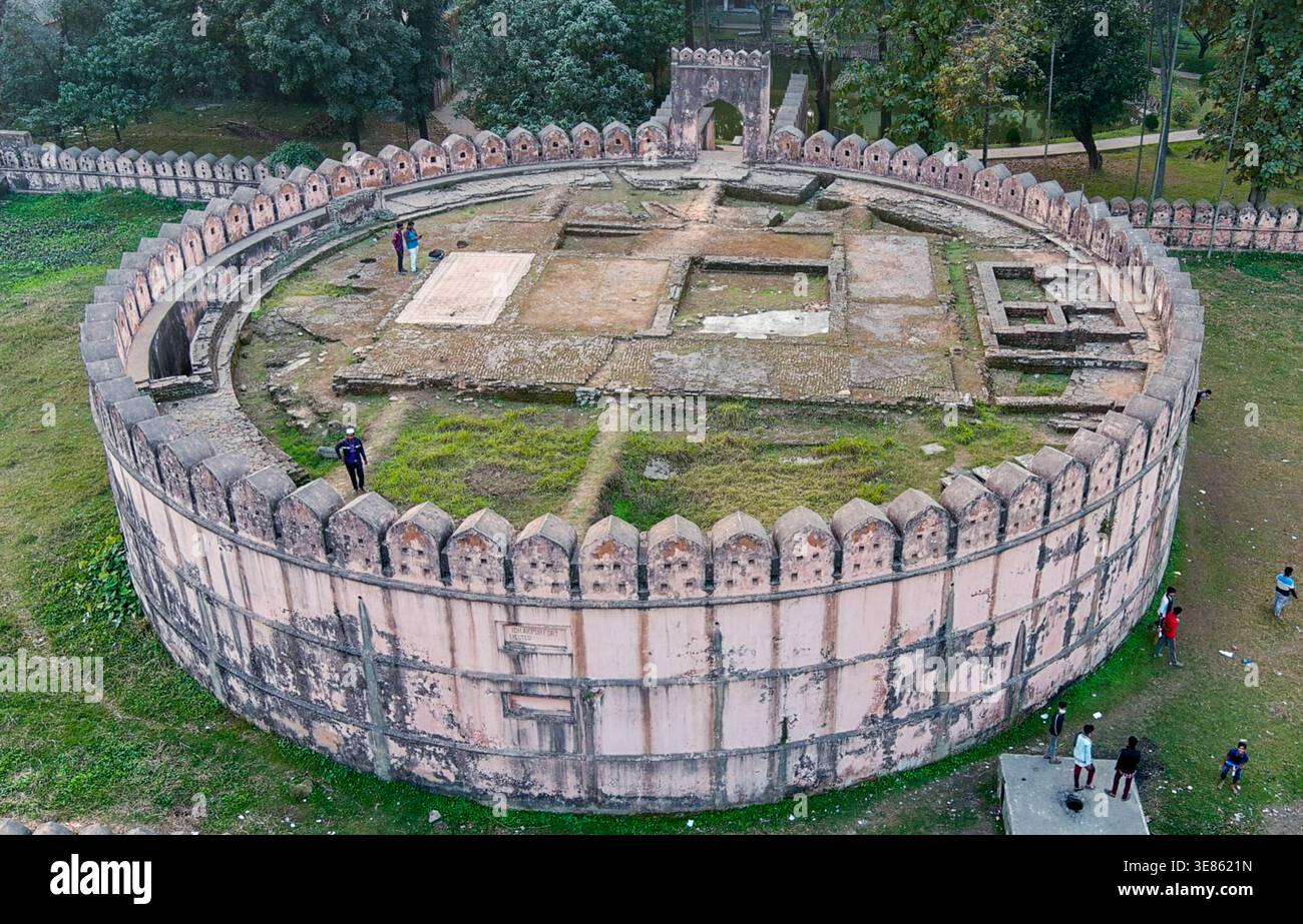 Aerial view of the ancient circular Idrakpur Fort with its weathered ...