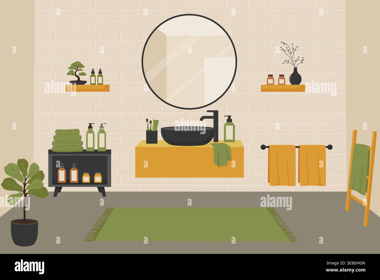 Modern Japandi bathroom interior with washbasin and round mirror vector illustration. Stock Vector