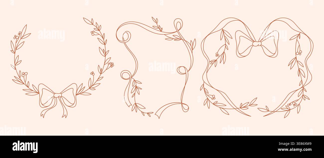 Coquette flower and ribbon frames set. Vector illustration of whimsical pink line borders decorated with floral design elements and bows, vintage style wedding invitation decor, elegant girly wreath Stock Vector