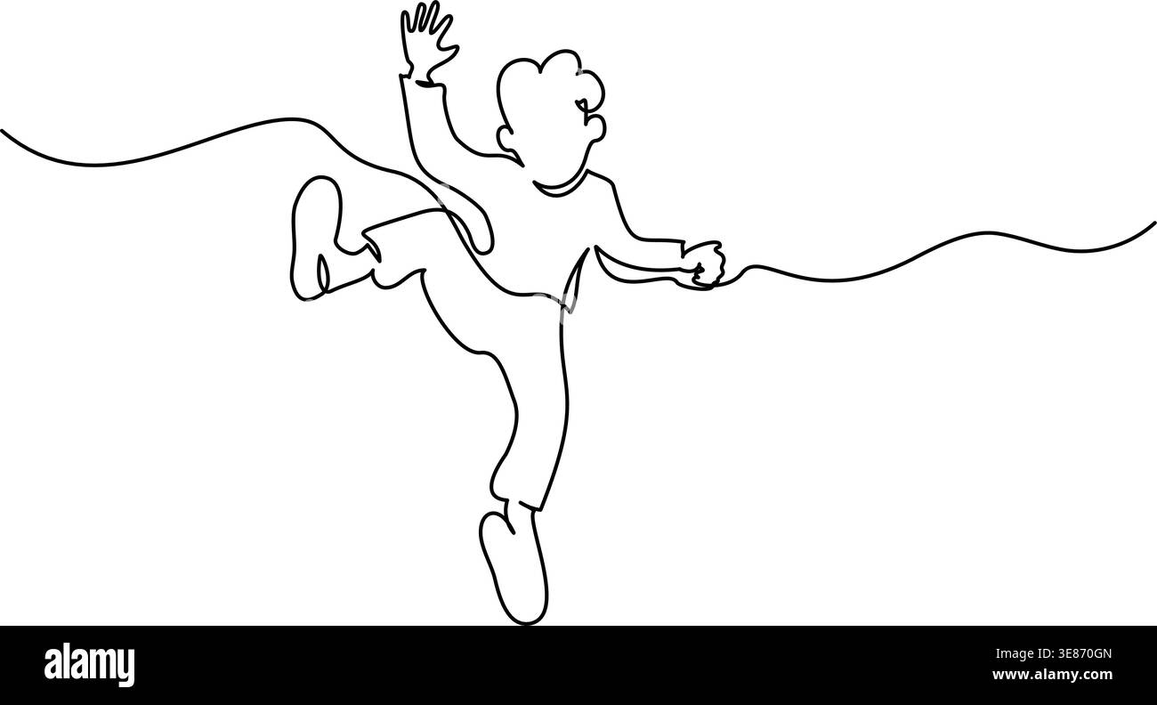 Happy boy Jumping. Continuous One Line Drawing. Kid Play Stock Vector