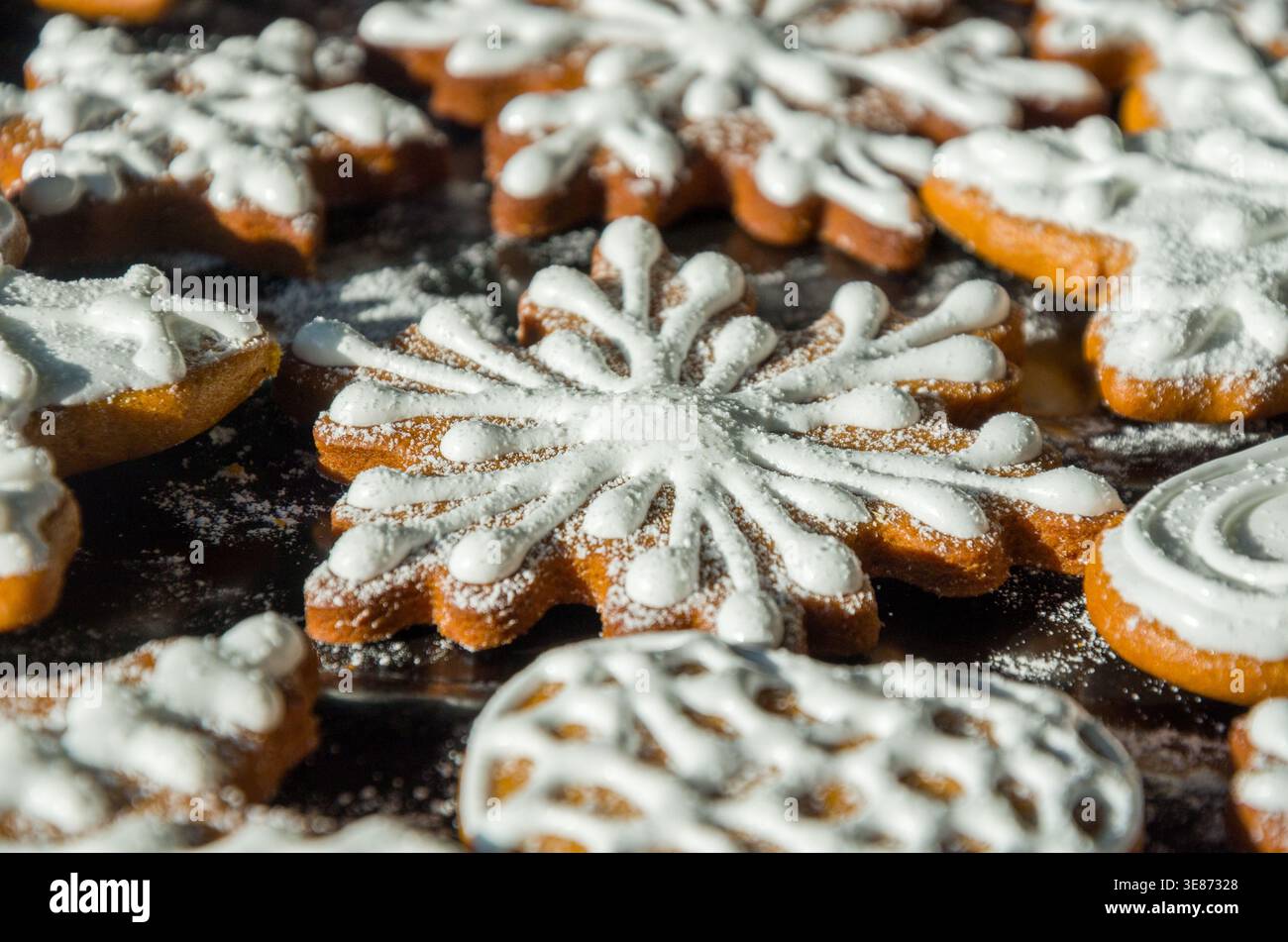 Snowflake-Shaped Iced Gingerbread Cookies image Stock Photo