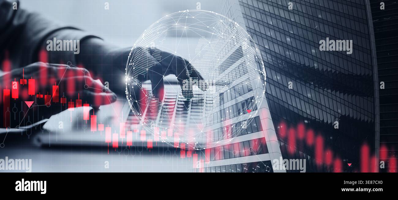 Digital Finance Growth as a Hand Works on a Computer Keyboard Near Market Data in a Collage Stock Photo