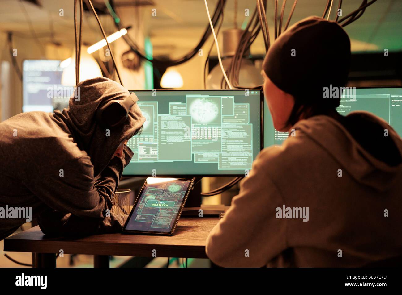 Access granted, successful database hacking, criminal cracking password on digital tablet. Cyberattack, internet thieves stealing electronic information, data breach, malicious software Stock Photo