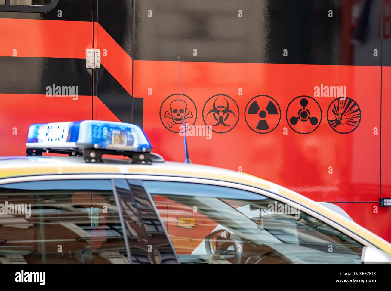 Police car beside a hazardous materials emergency response vehicle with ...