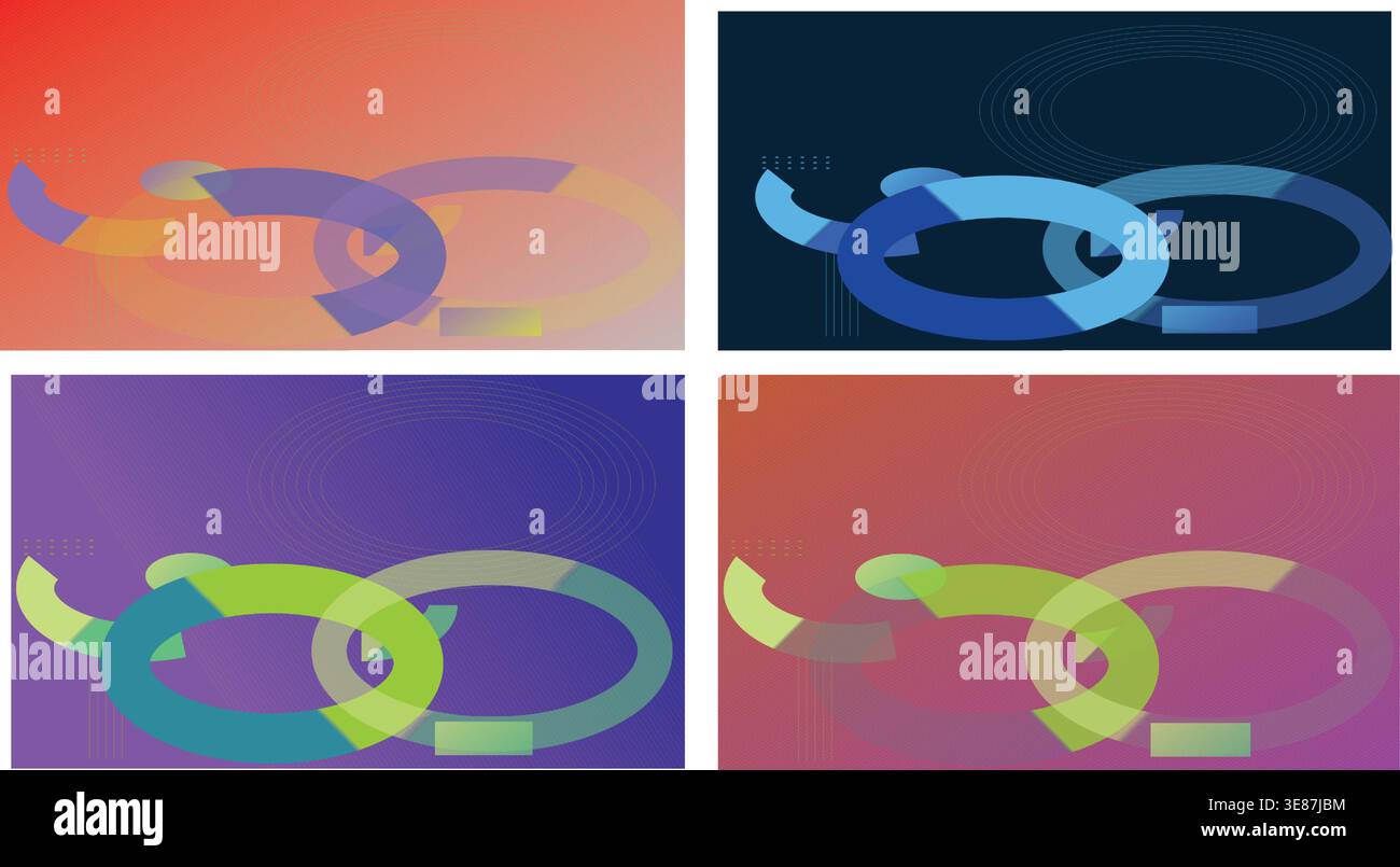 Abstract overlapping circular arrows in four colorful gradient panels, representing continuous cycles, interconnected processes, and dynamic flow. Stock Vector