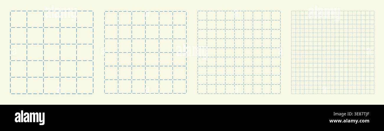 Square grid collection dashed node geometry, four samples blueprint style. Center marker lattice structure, interface layouts editorial compositions planning sheets dashboards digital technology. Stock Vector