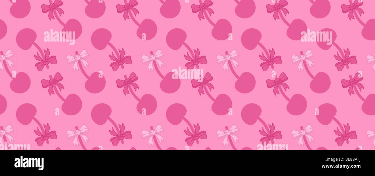 Pink Retro Cherry Bow Checkered Seamless Pattern Cute Girly Background Stock Vector