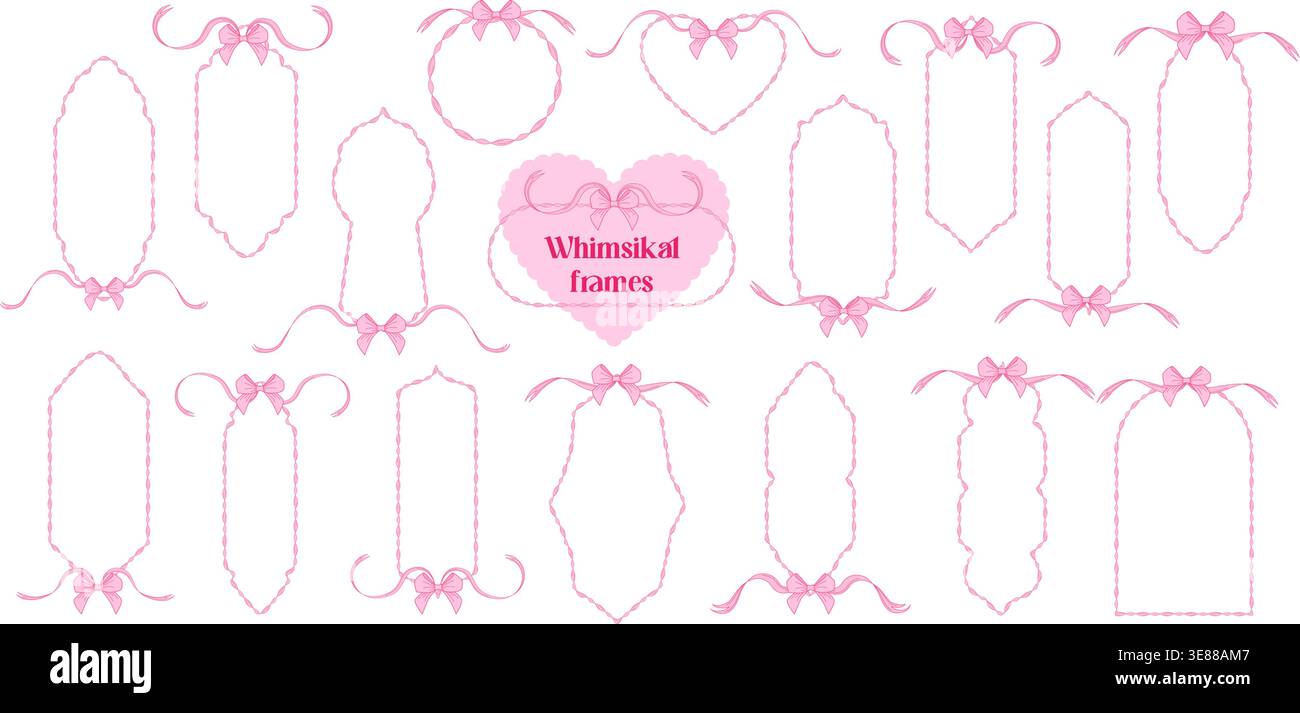 Cute pink whimsical ribbon frames. Coquette design elements. Stock Vector