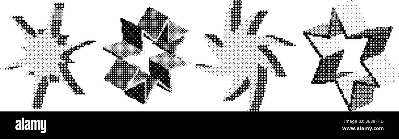 Bitmap halftone stars set. Pixelated star-shaped design elements for ...