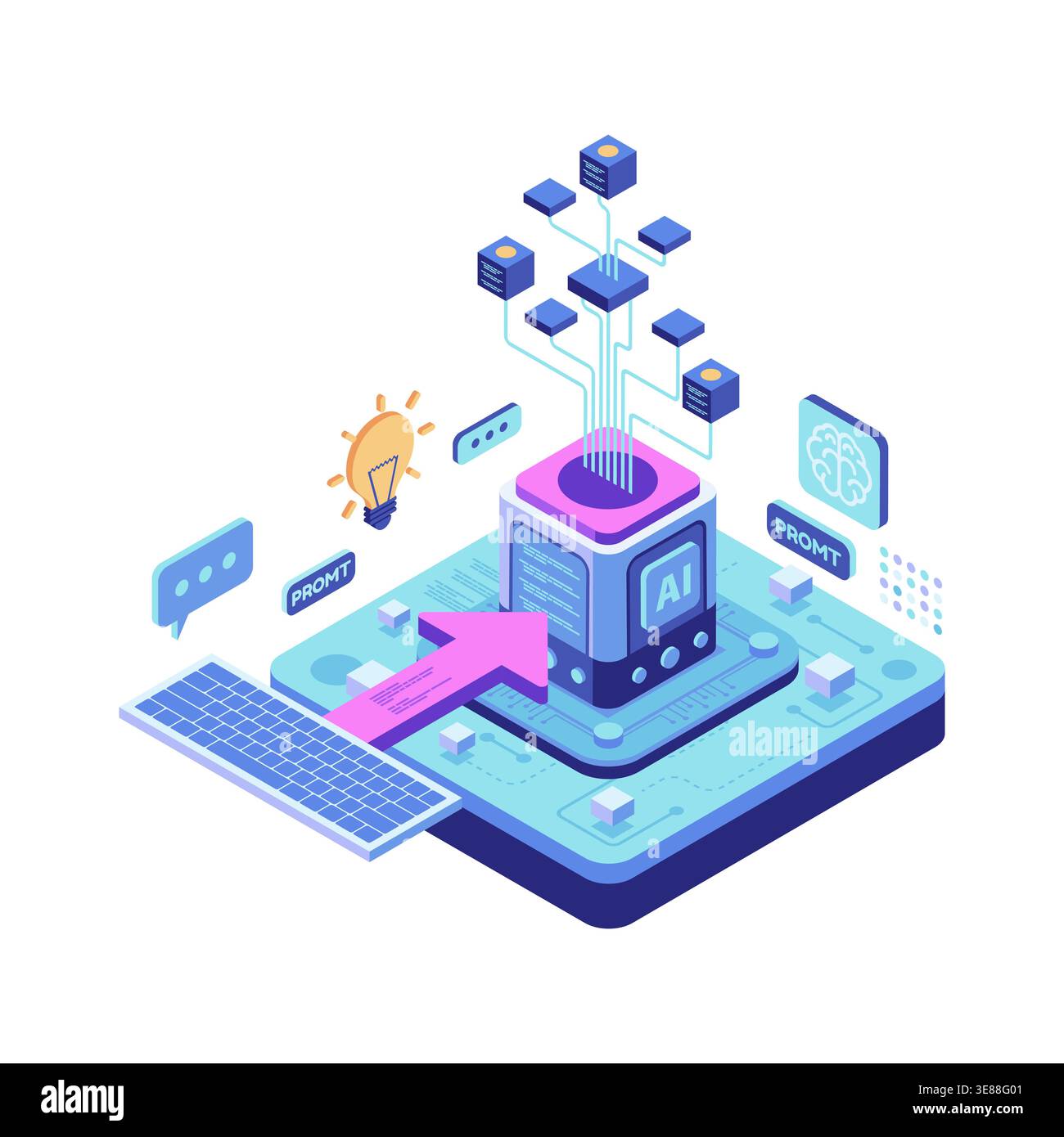 Isometric AI Processing Data and Prompt Engineering. AI Prompt Engineering Concept Stock Vector