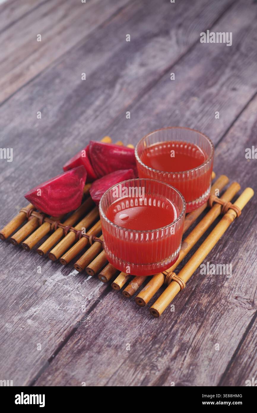 beetroot juice served in glasses. Stock Photo