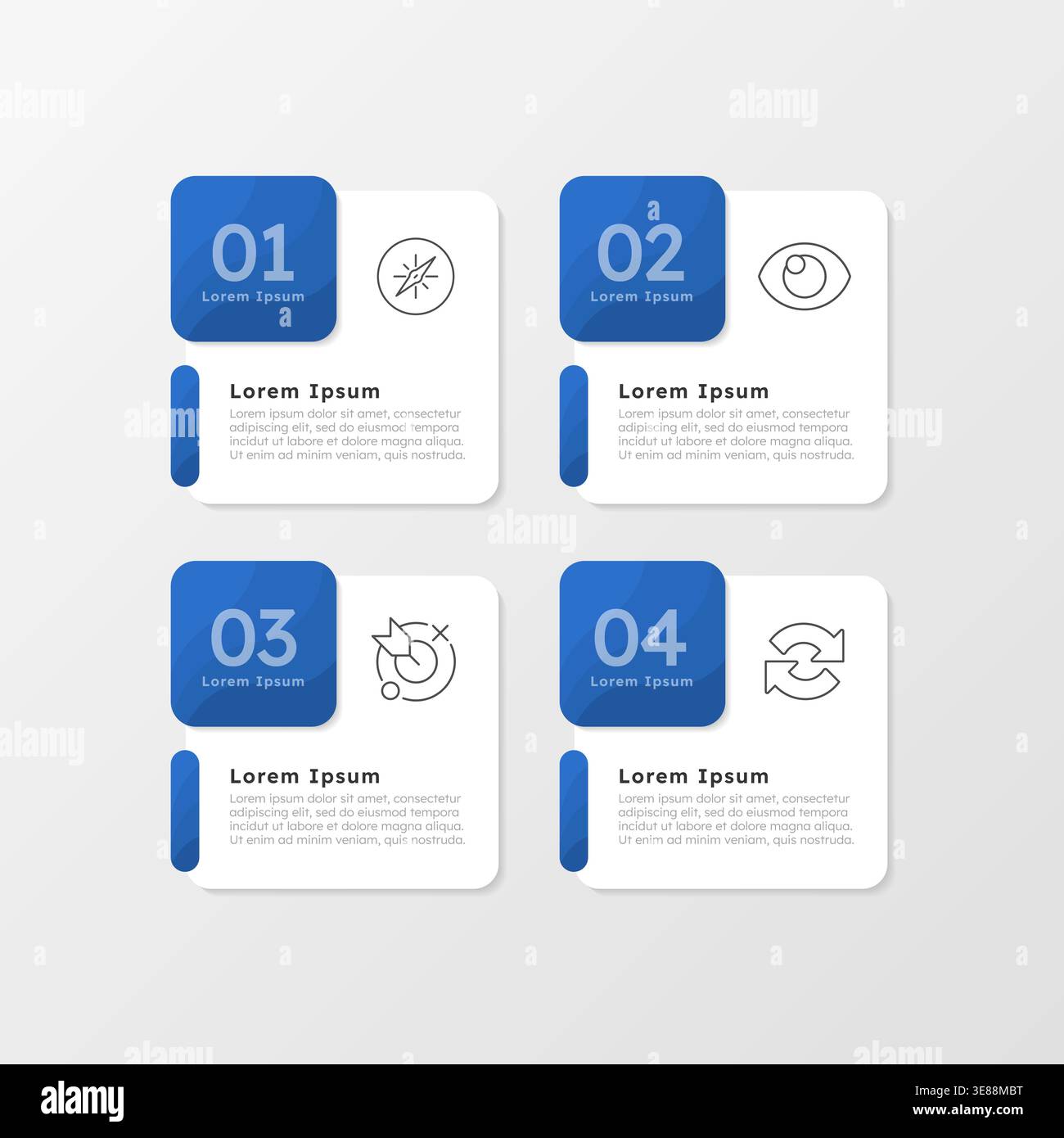 Business strategy presentation blue square infographic 4 steps Stock Vector