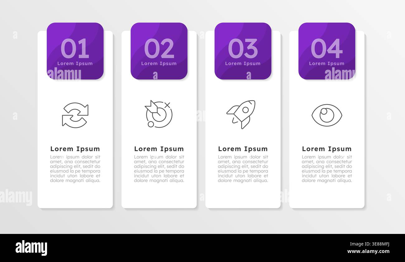 Startup management presentation purple rectangle infographic 4 steps Stock Vector