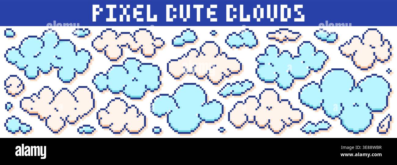 Pack with pixel art color cute clouds. Stock Vector