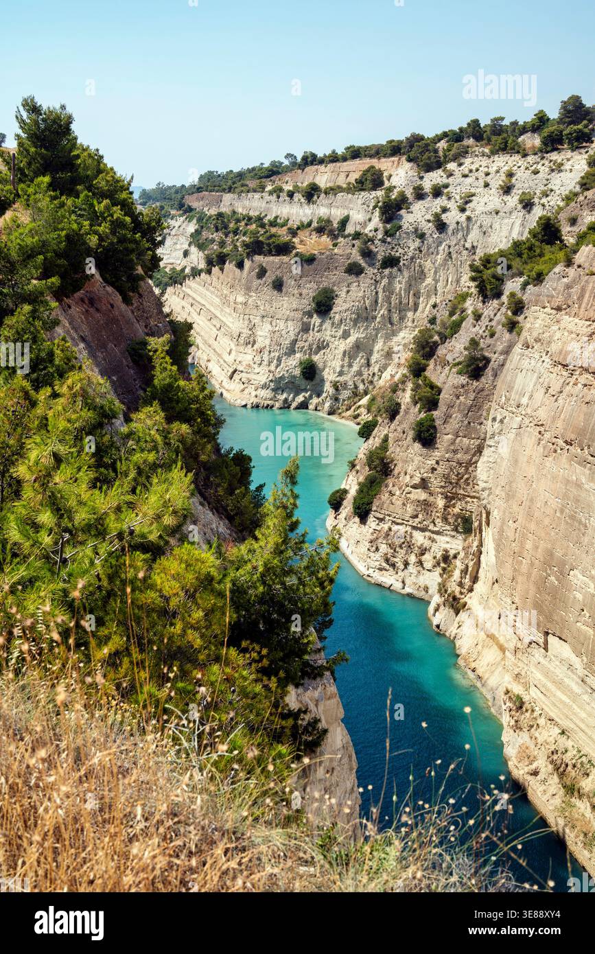 Stunning view of the Corinth Canal in Greece with steep limestone ...