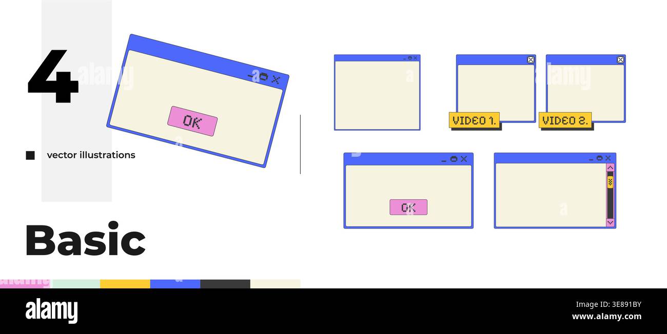Basic pixel art popup windows UI overlay pack Stock Vector