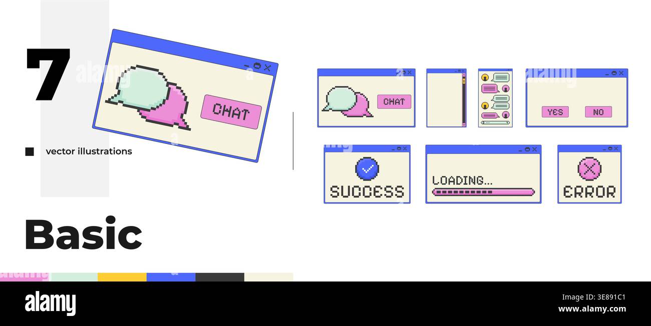 Basic chat and system pixel art popup windows UI overlay pack Stock Vector