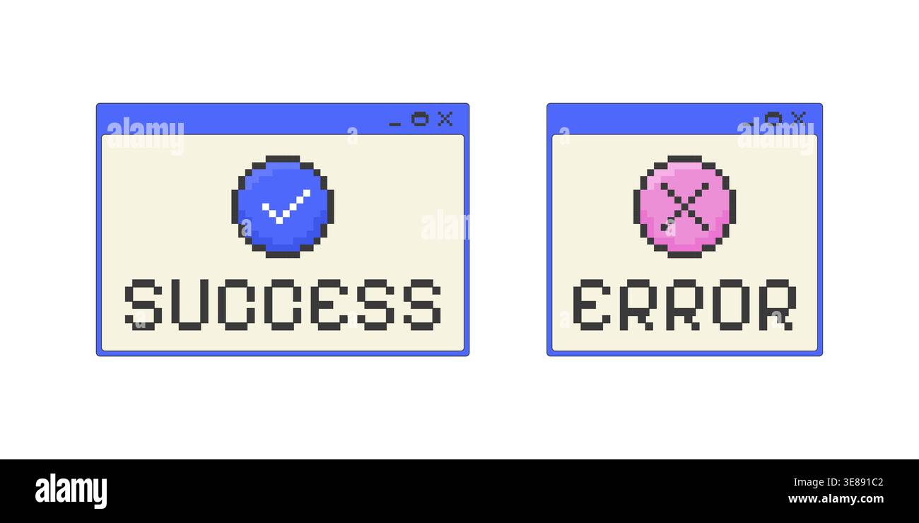 Success and error pixel art popup windows UI overlay set Stock Vector