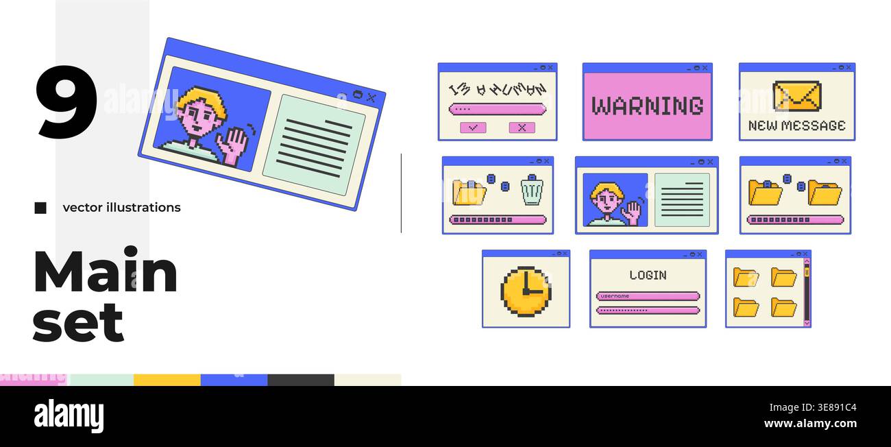 Comprehensive pixel art popup windows UI overlay pack Stock Vector
