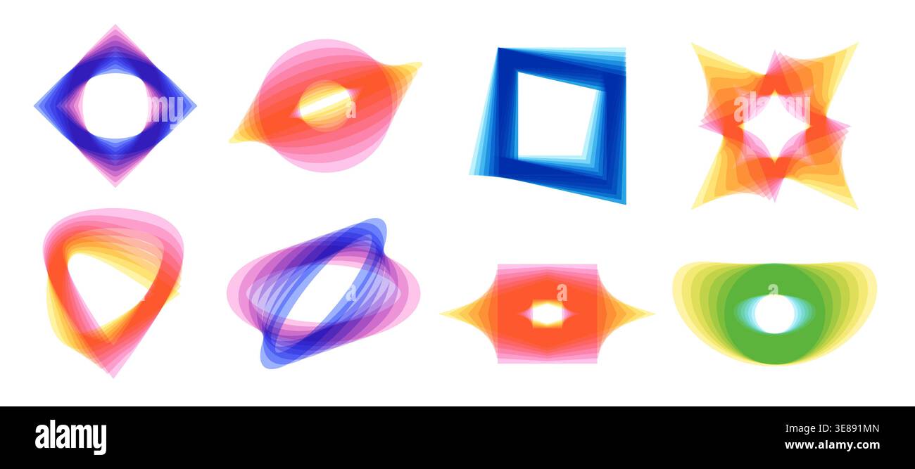 Futuristic design elements set. Gradient color geometris shapes with deformation blend Stock Vector