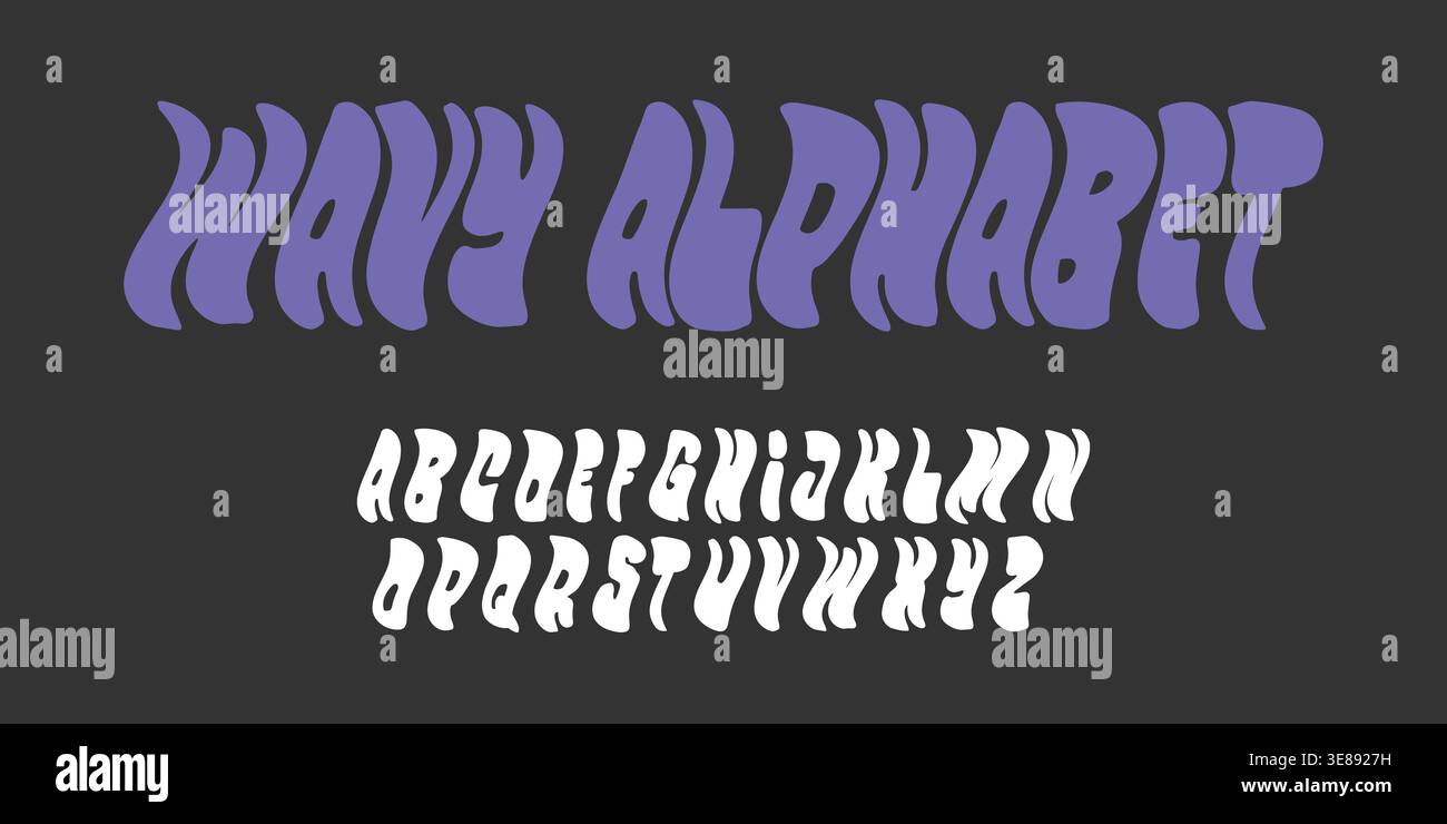 Wavy doodle alphabet. Cool groovy font template Stock Vector