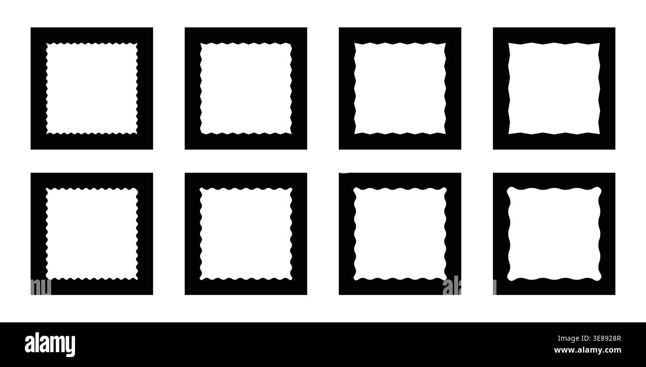 Zigzag edge square frames collection. Jagged sticker or stamp set with wavy edges Stock Vector