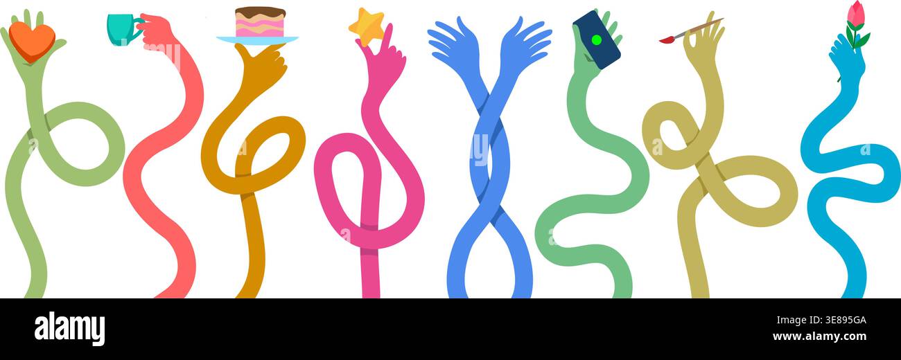 Long flexible hands holding different items Stock Vector