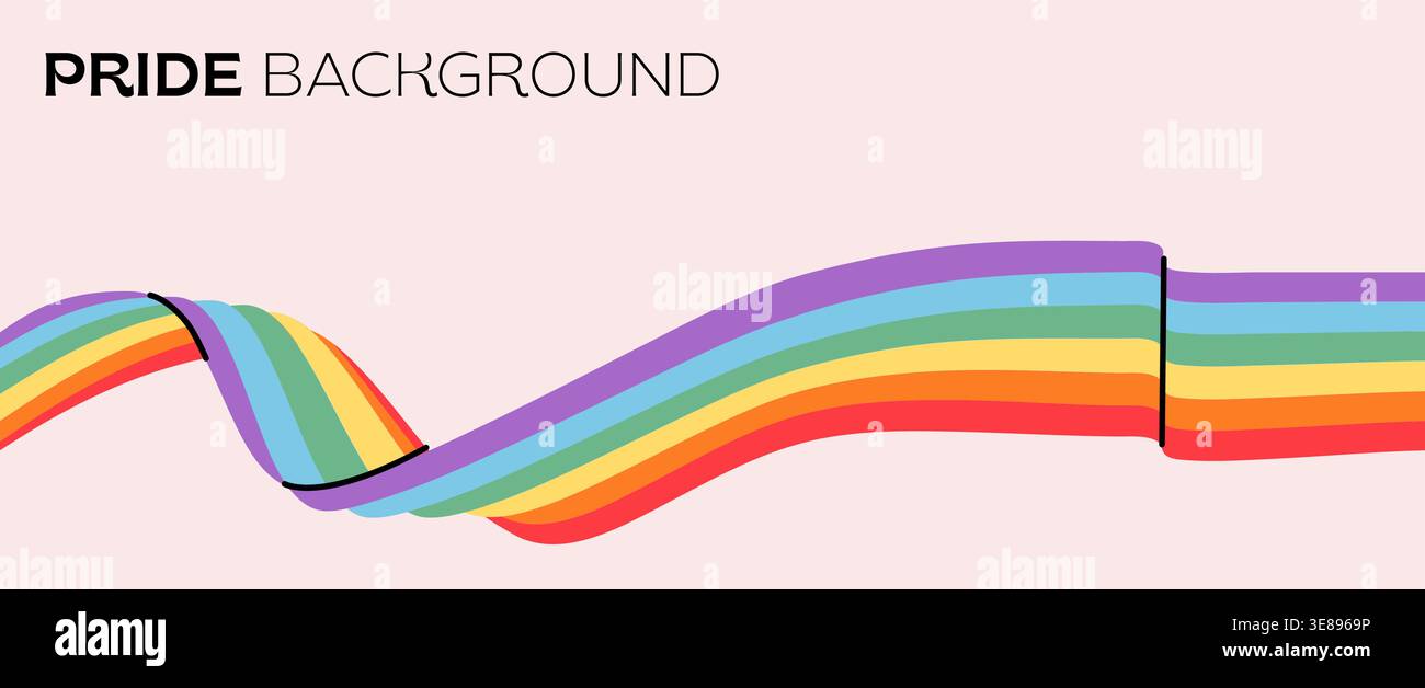 Abstract LGBTQ pride background with waving rainbow ribbon. Minimalist horizontal banner with flowing inclusive flag stripes on backdrop for pride Stock Vector